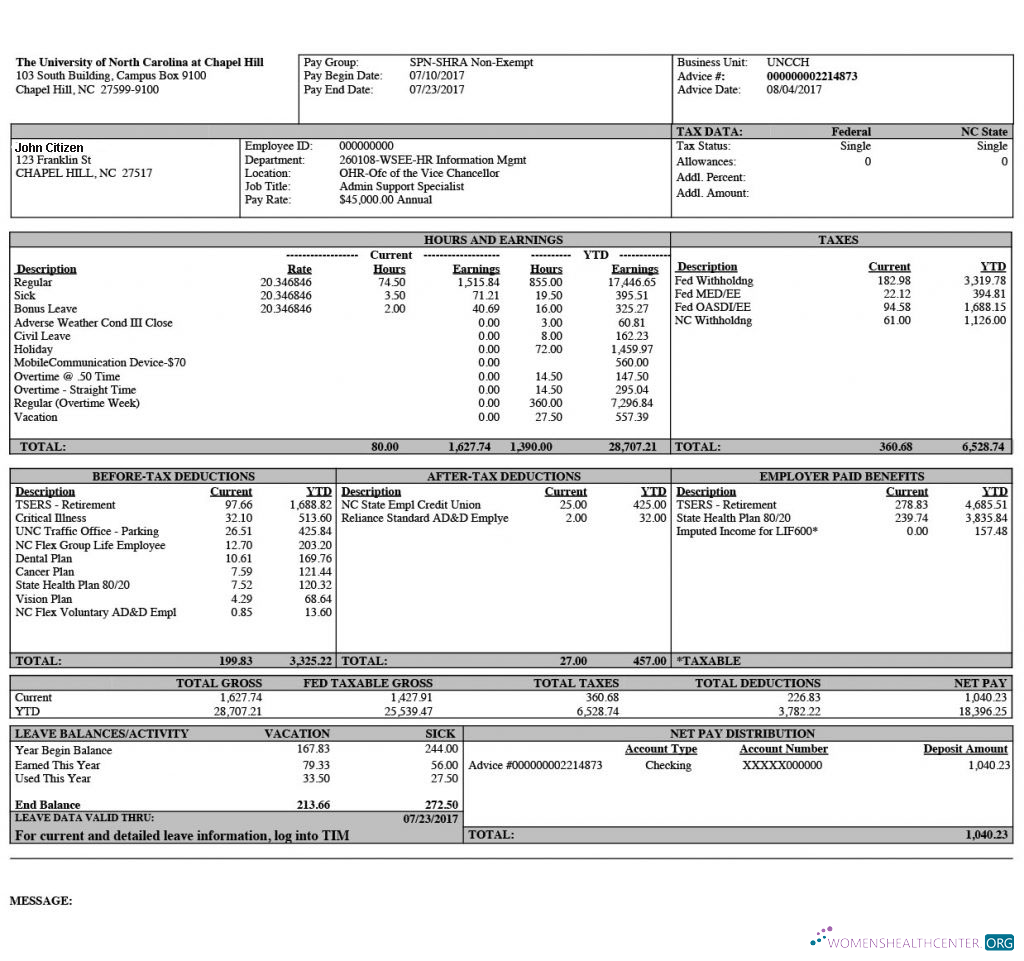 Download THE UNIVERSITY of North Carolina at Chapel Hill paystub in Word and PDF formats Photoshop template